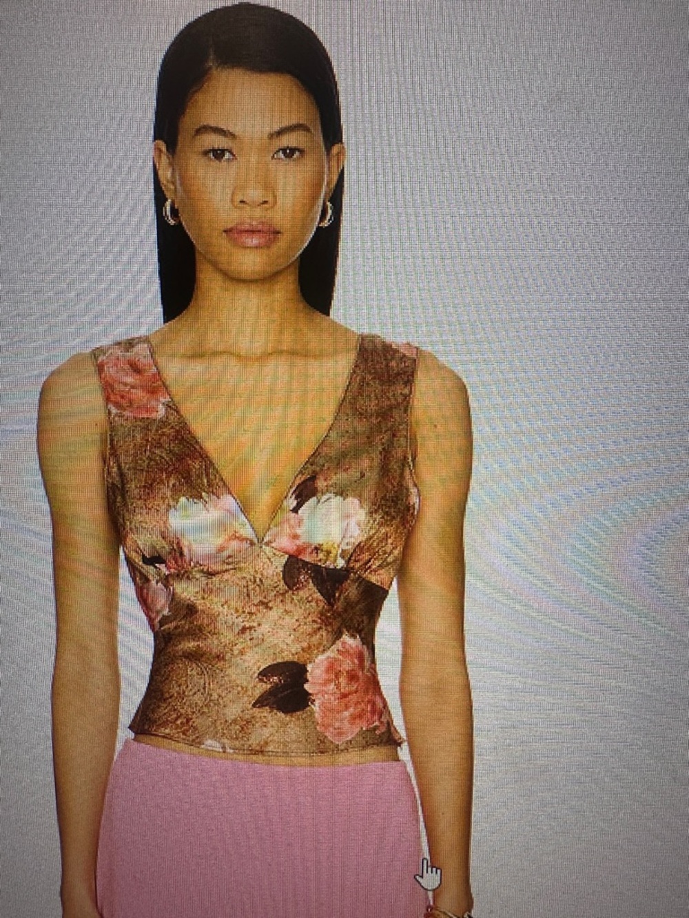 REVOLVE Brown Floral V-Neck Sleeveless Blouse with Pink Blooms